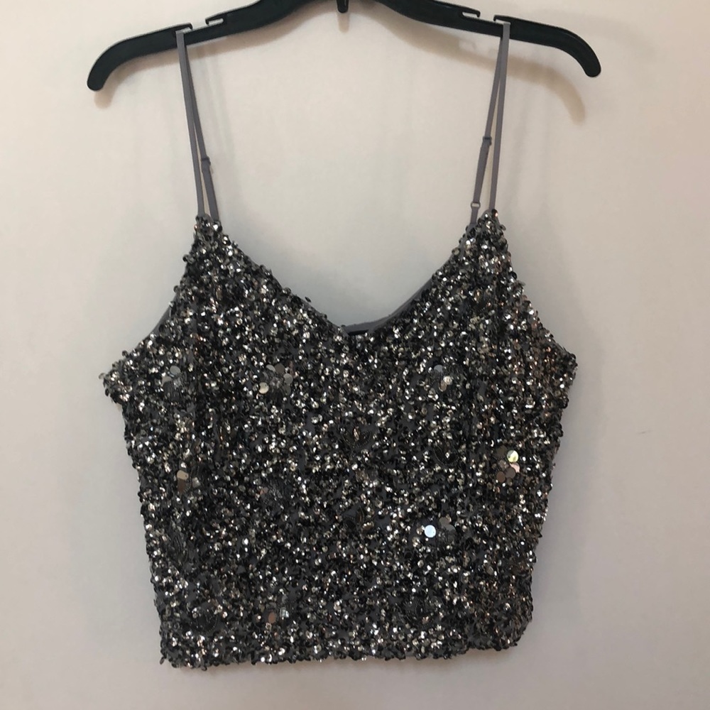 Silver/grey spaghetti strap sequin top